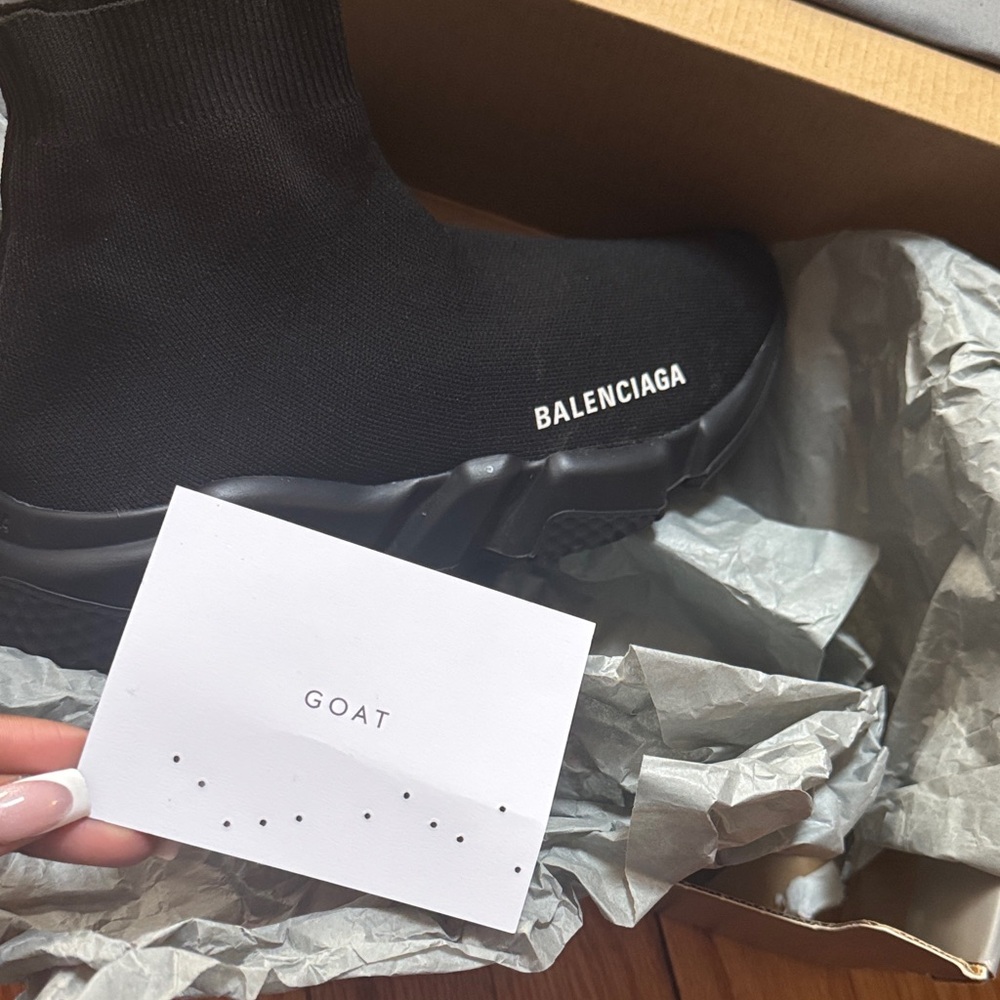 Balenciaga Black Knit Sock Sneakers with White Logo - Picture 3 of 7